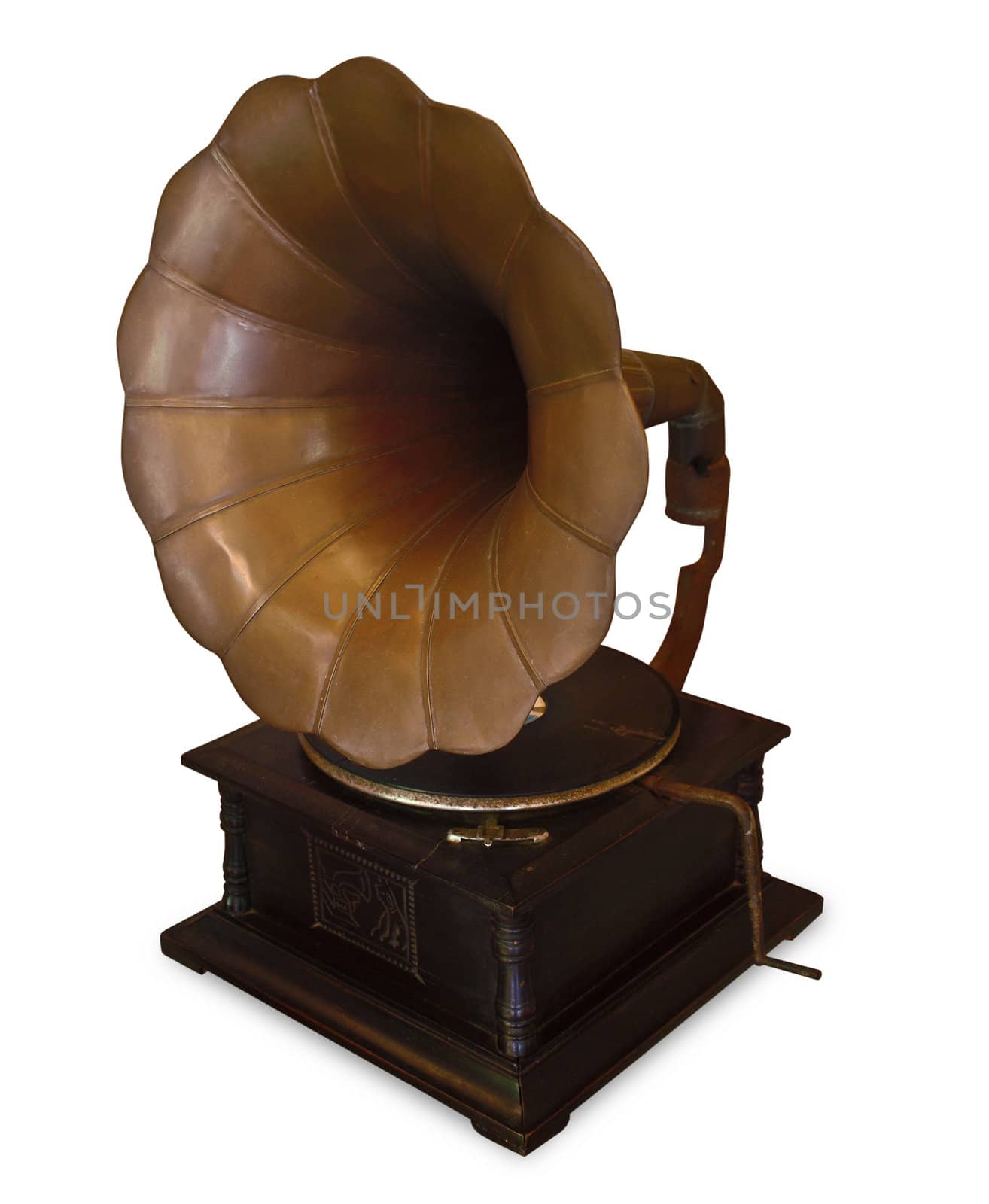 Old gramophone on white background