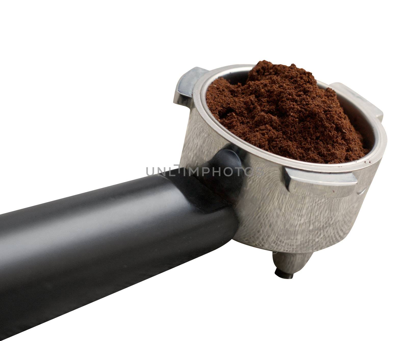 An espresso handle filled with ground coffee