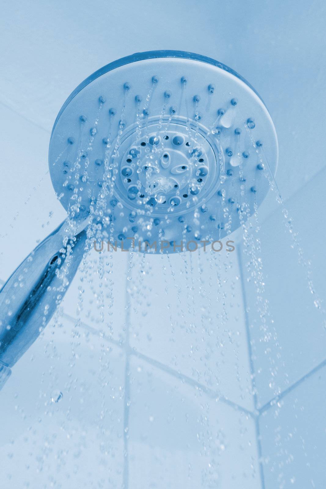 A shower head with running water