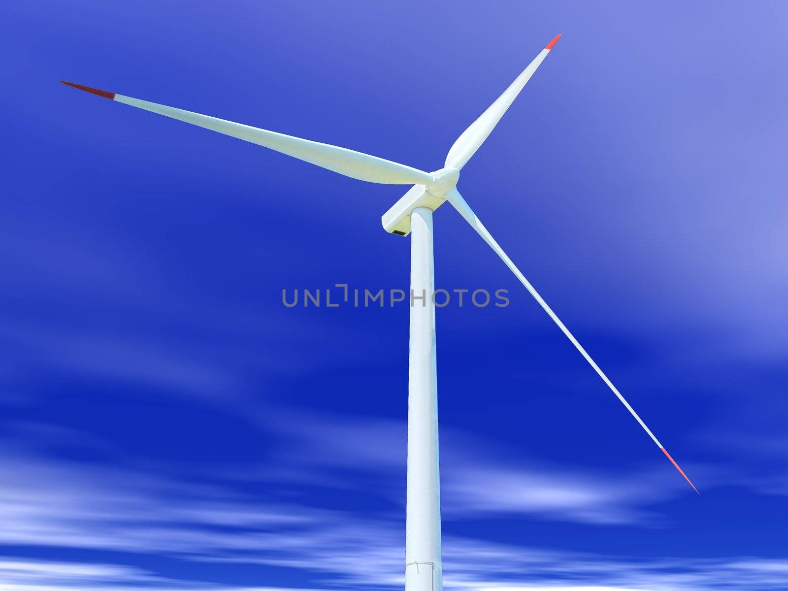 Close up of a white and red wind turbine in cloudy sky side view