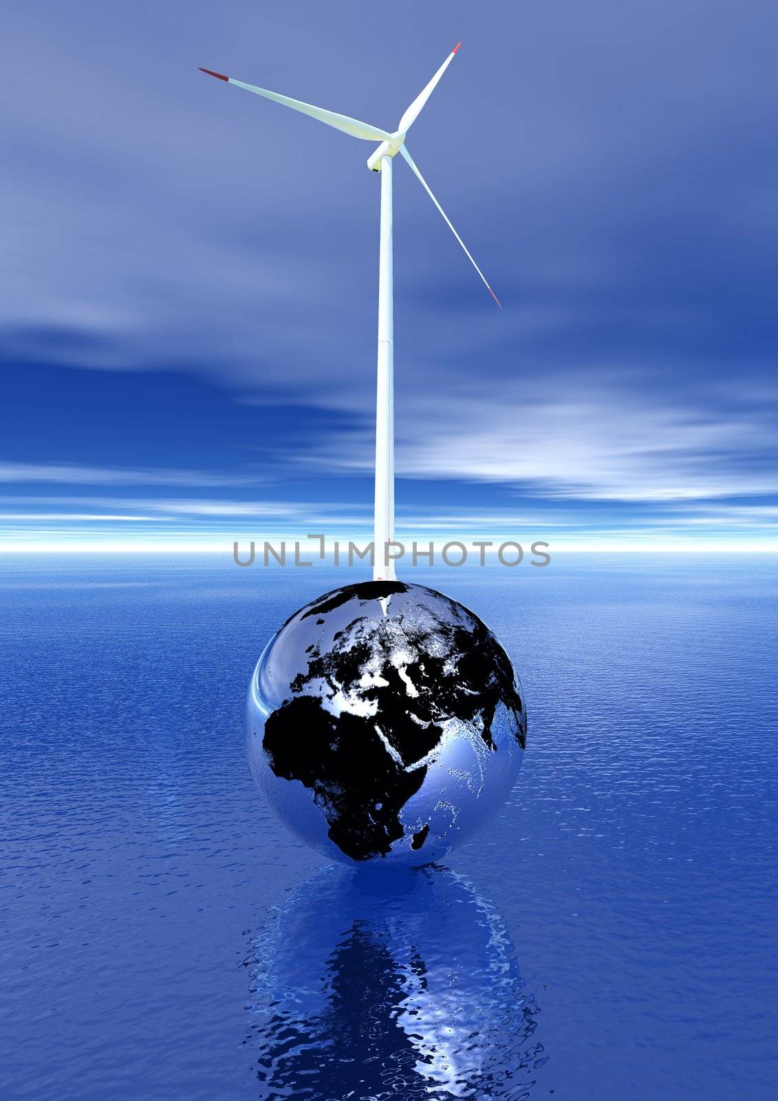 White and red wind turbine on an metallic earth upon the deep blue ocean and in cloudy sky