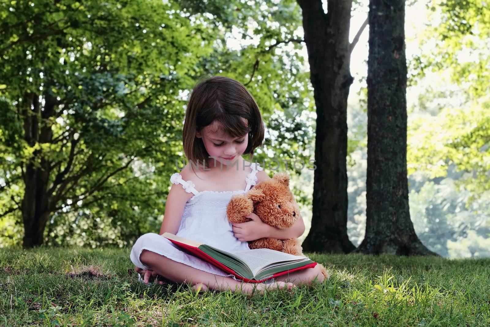 Girl reading outdoors to her little teddy bear.