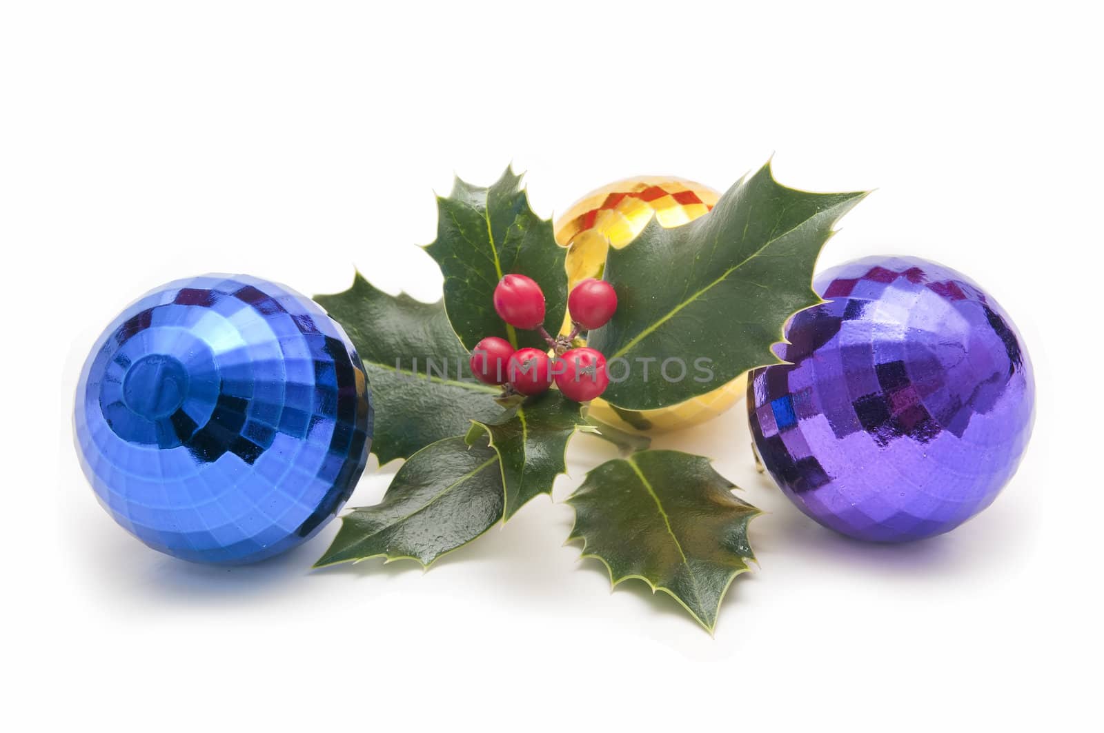Christmas greeting cards with colored balls and holly plant