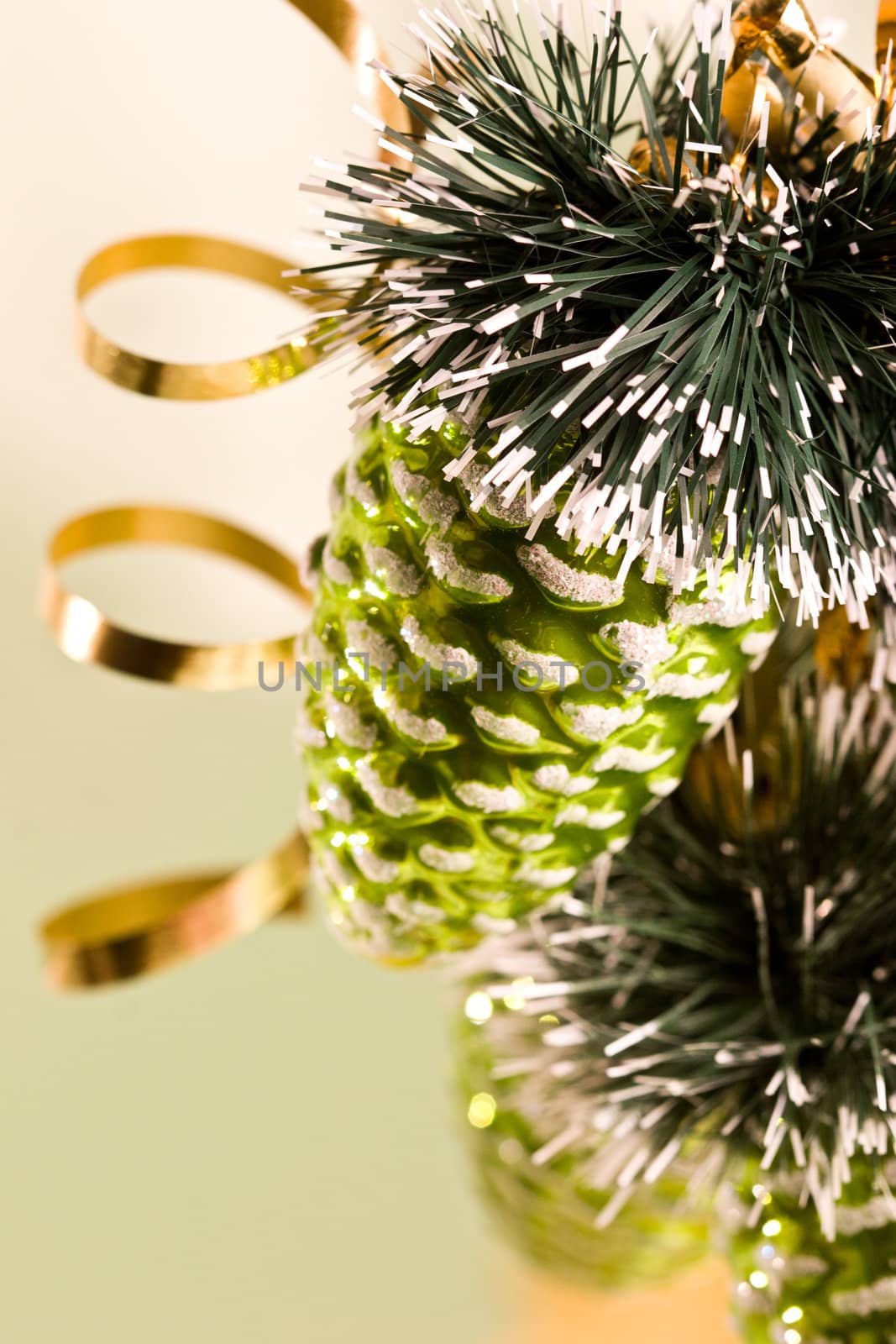 holiday series: close up of green cone-shaped christmas decoration