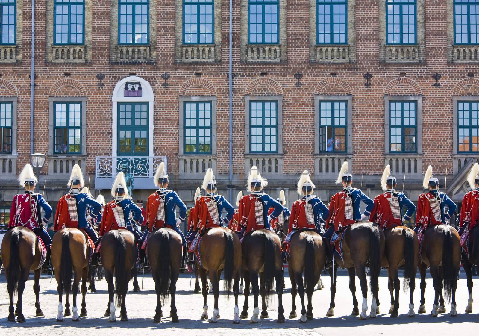 HM Queen Margrethe of Denmark arrives to the town hall of Nyborg, Denmark on official visit. Her horse guard protecting her and shows their respect.