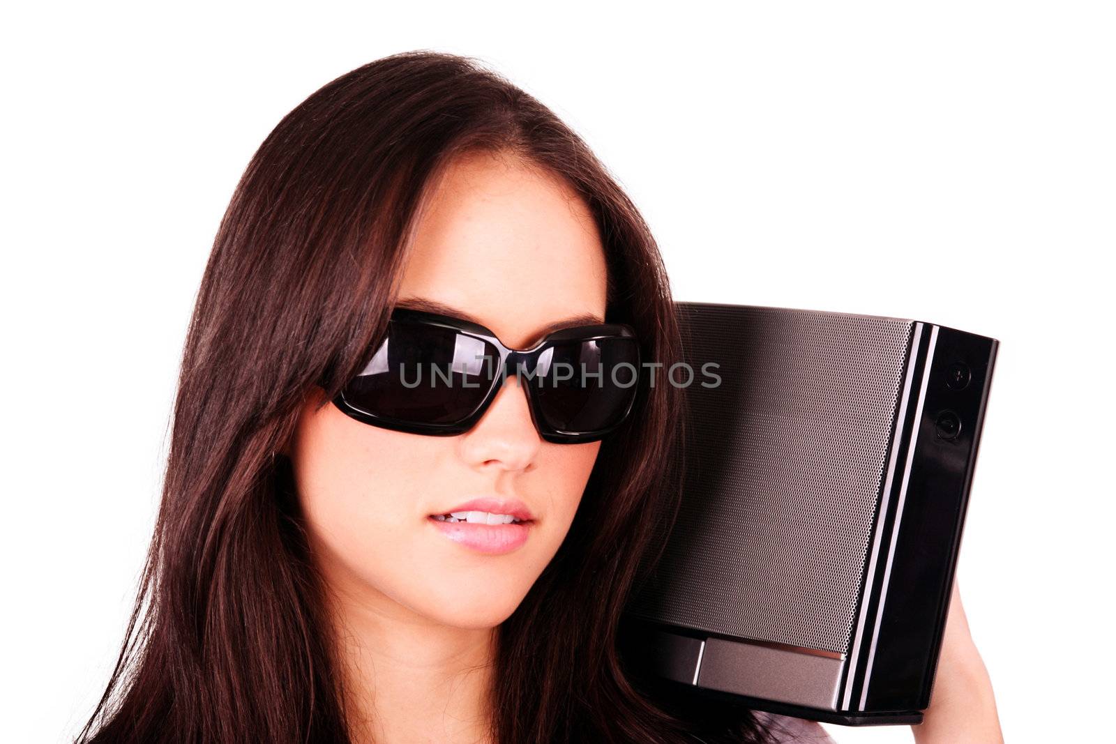 Pretty girl with modern MP3 stereo system on a white background by dacasdo