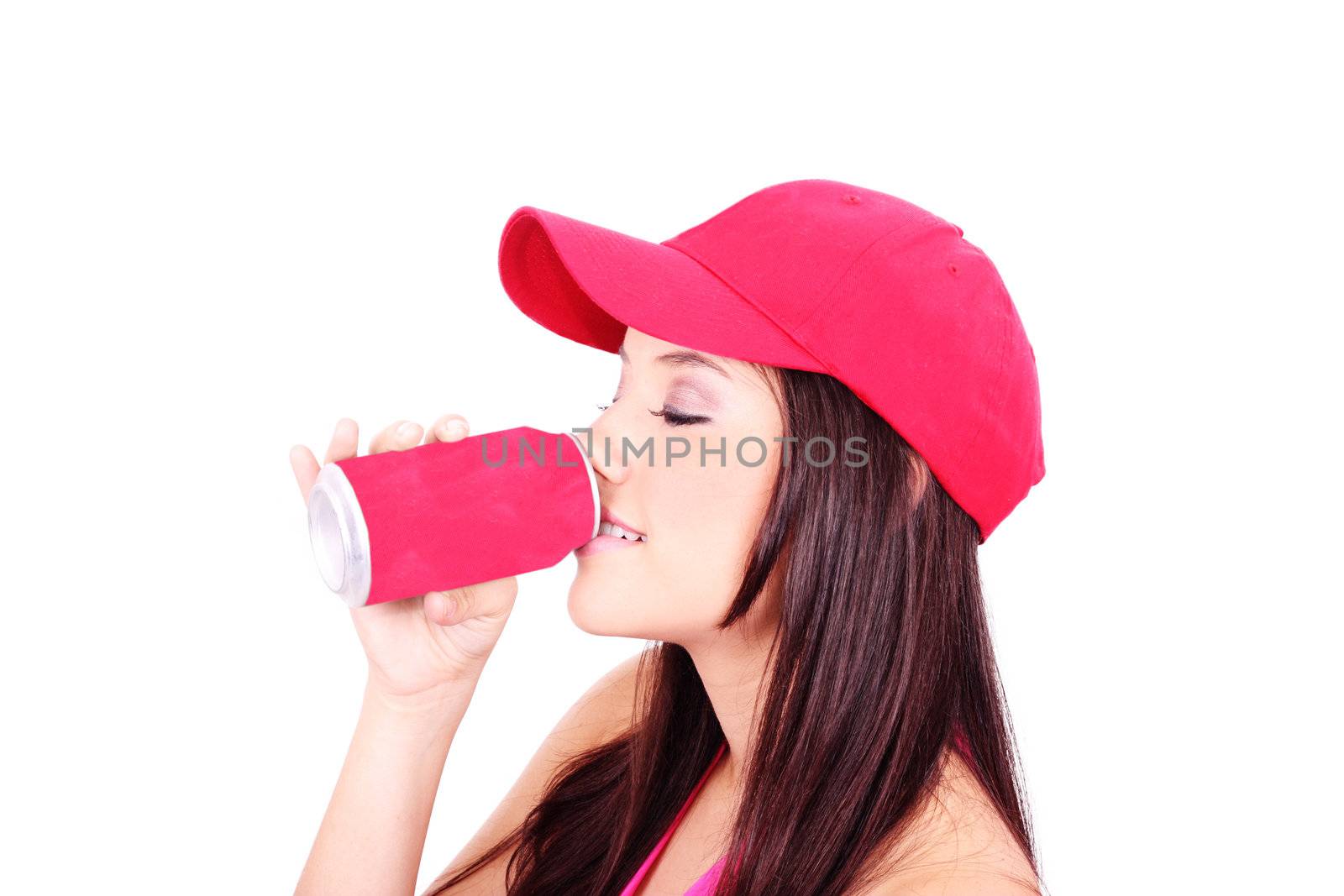 a woman drinking by aluminum