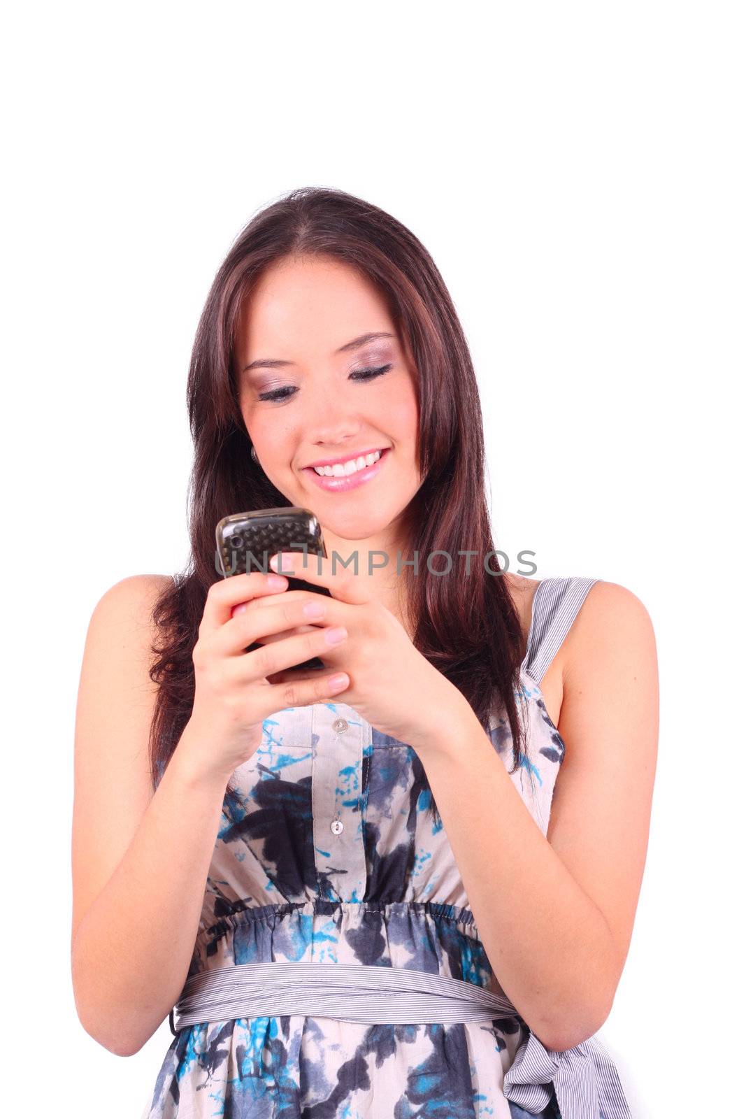 Businesswoman on the phone isolated against white