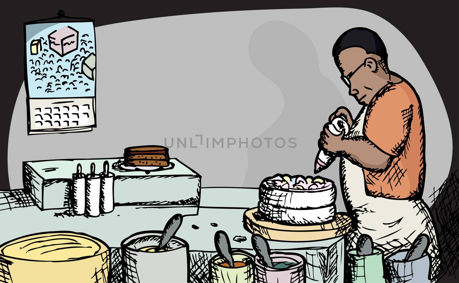 Black male baker puts icing on a cake