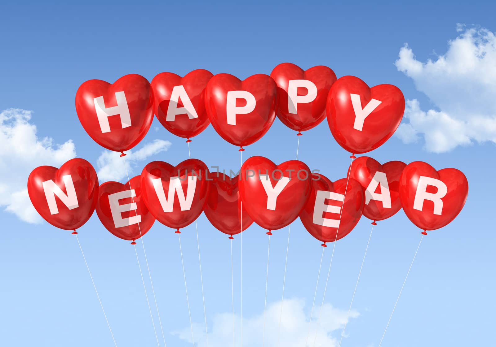red Happy new year heart shaped balloons floating in a blue sky
