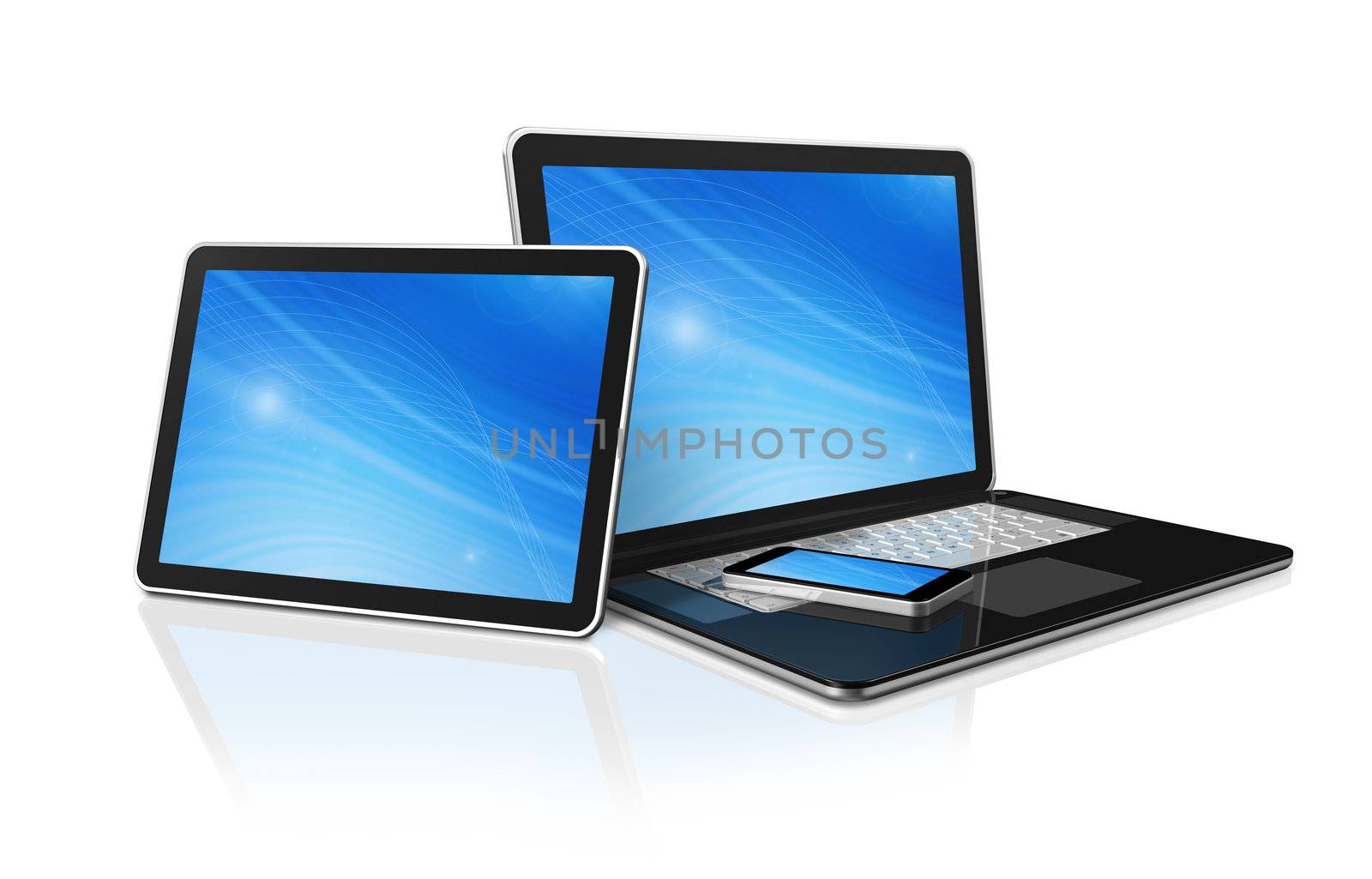 3D laptop, mobile phone and digital tablet pc computer - isolated on white with clipping path