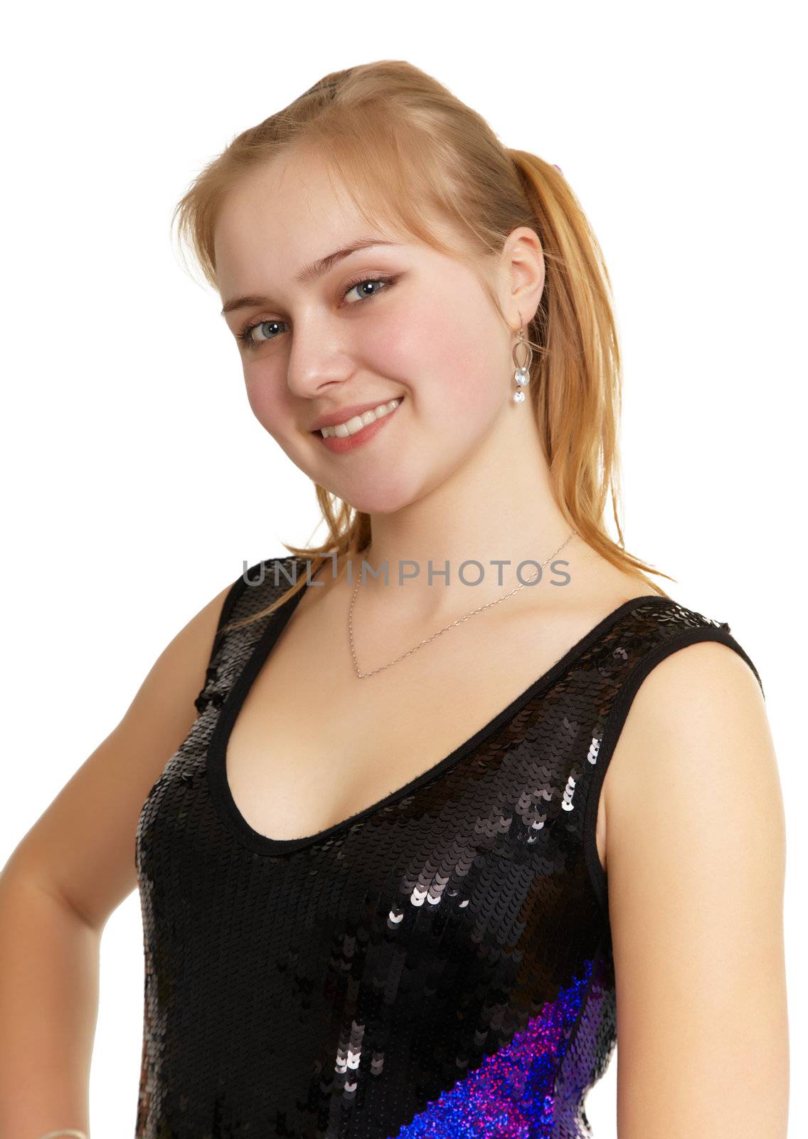 Portrait of a young girl in a tracksuit isolated on white background