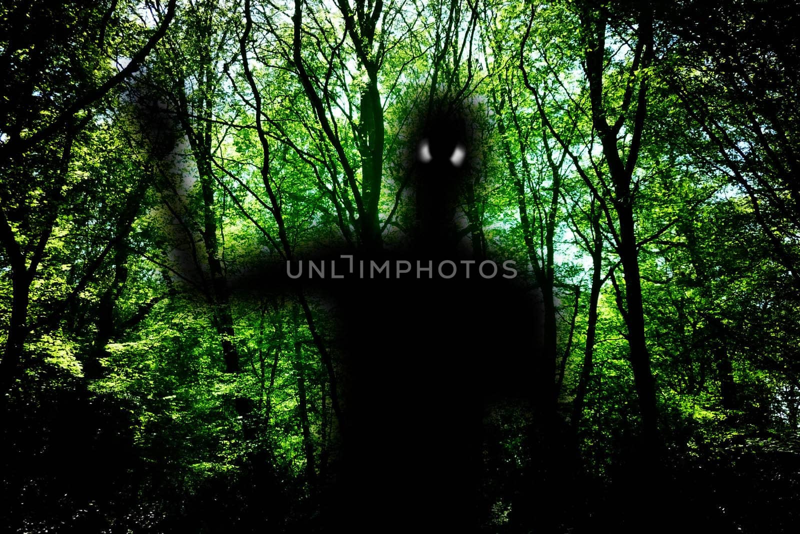 A representation of a ghost in some dark woods.