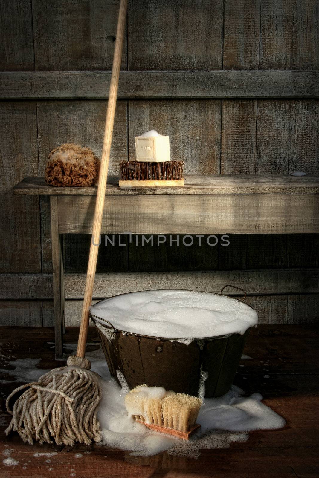 Old wash bucket with mop and brushes/ Vintage look