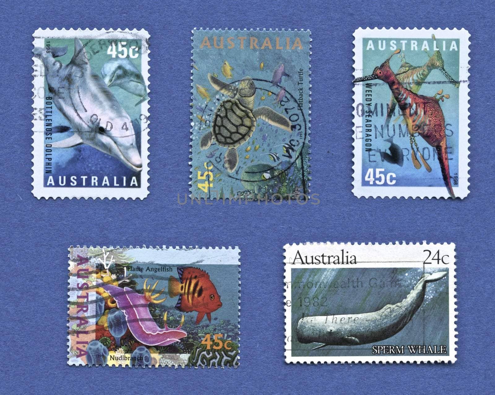 AUSTRALIA - CIRCA 1991: stamp printed by Australis , shows dolphins, turtle, seadragon, wales and fish stamps printed in 1982 to 1998