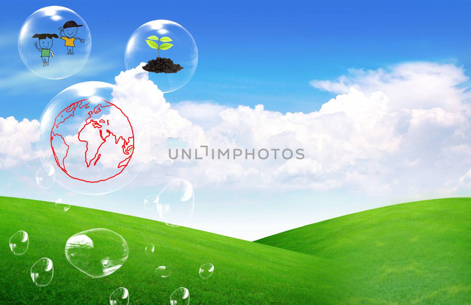 eco concept : globe ,tree ,Child in bubbles