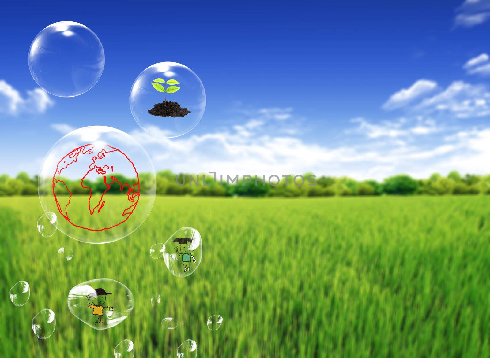 eco concept : globe ,tree ,Child in bubbles by rufous