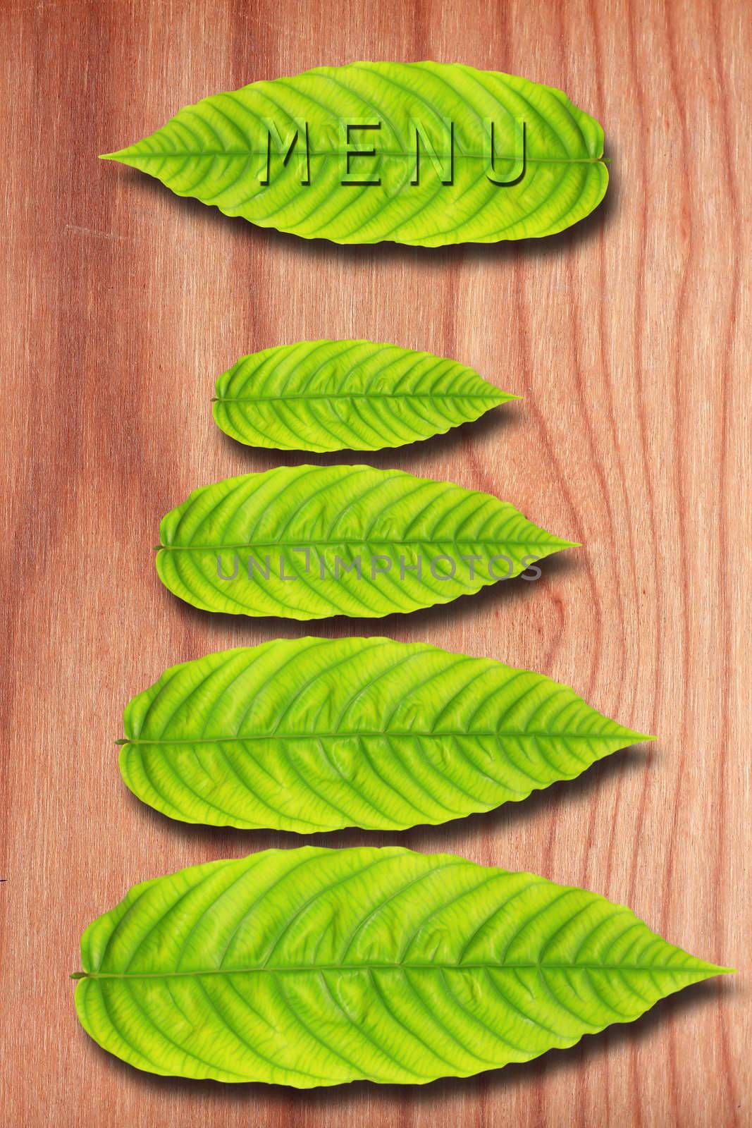 Menu Green Leaf on wood wall.