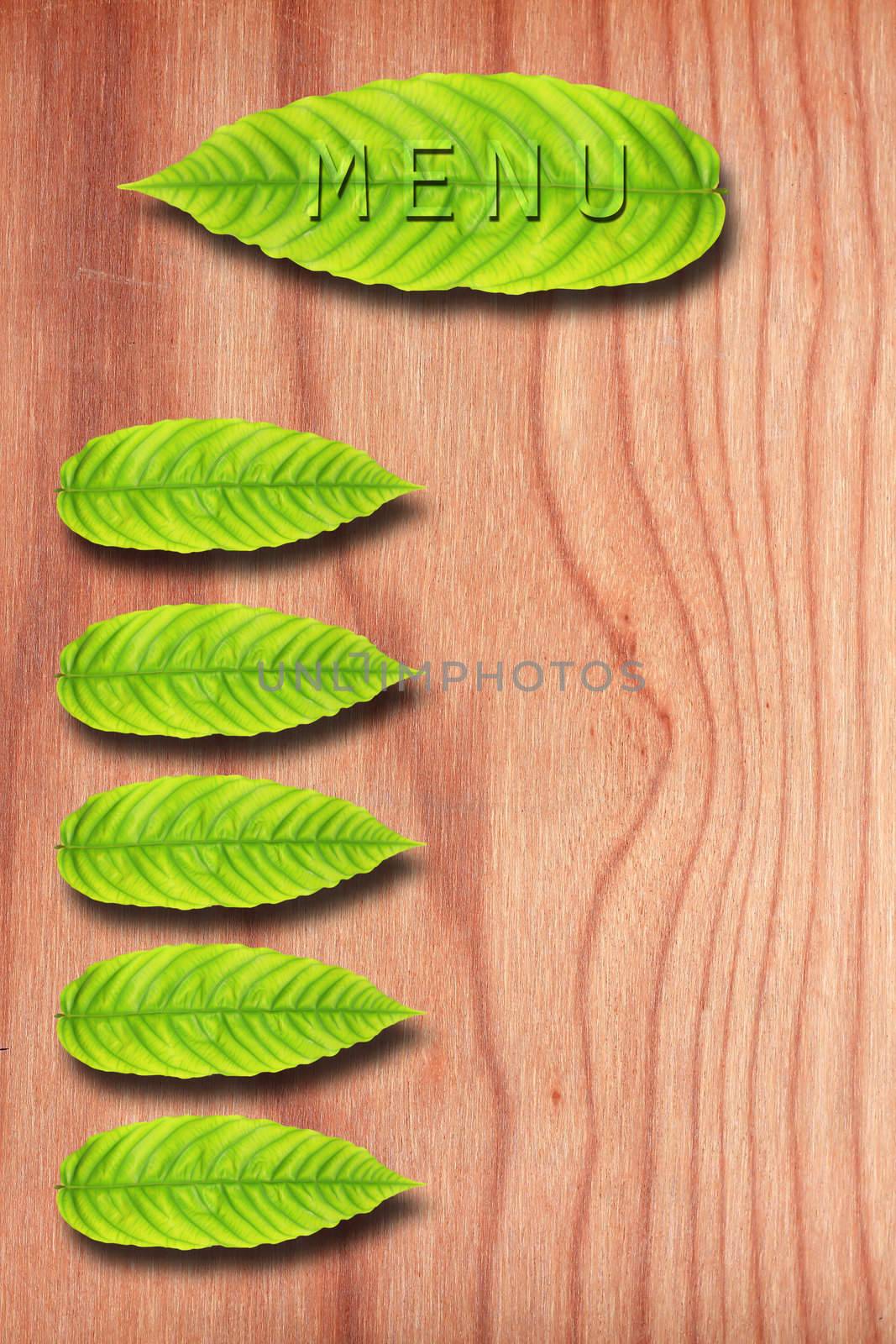 Menu Green Leaf on wood wall. by rufous
