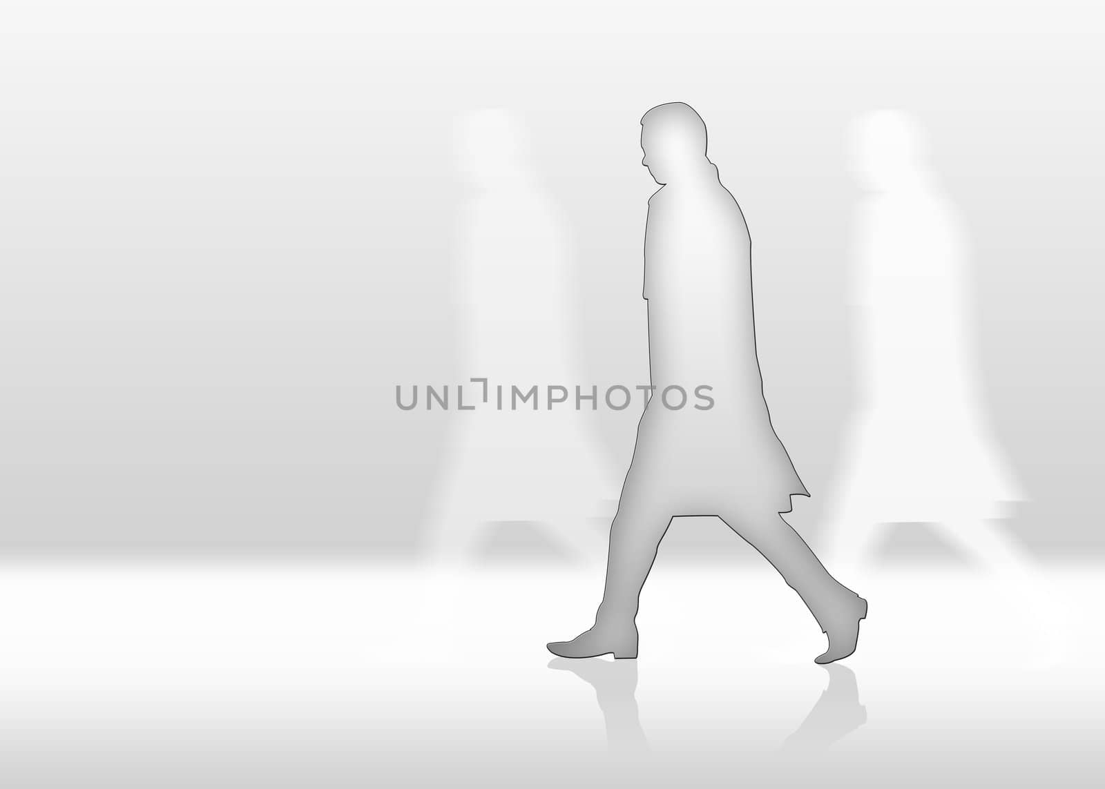 Man is walkin fast and alone in front of white background