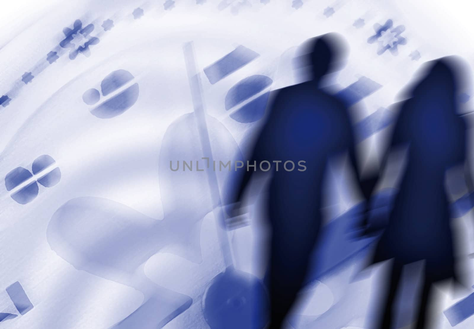 hurry - two persons in motion in front of a clock