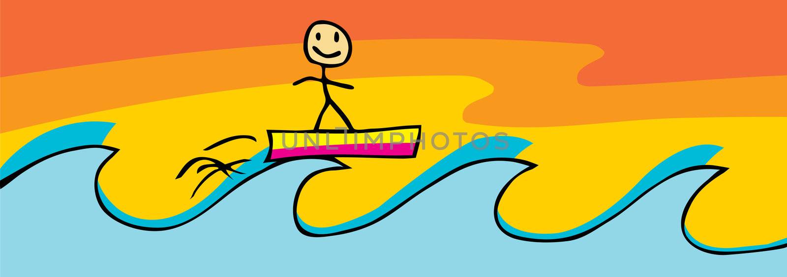 Smiling stick figure on surfboard over high waves