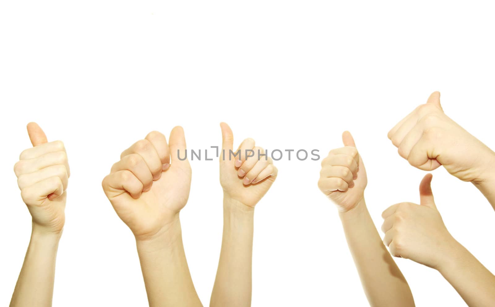 Many hand lifted up on white background