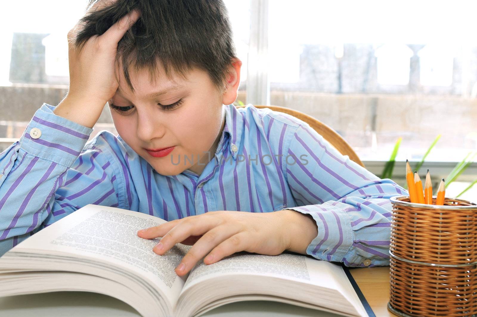 Serious school boy studying with a book