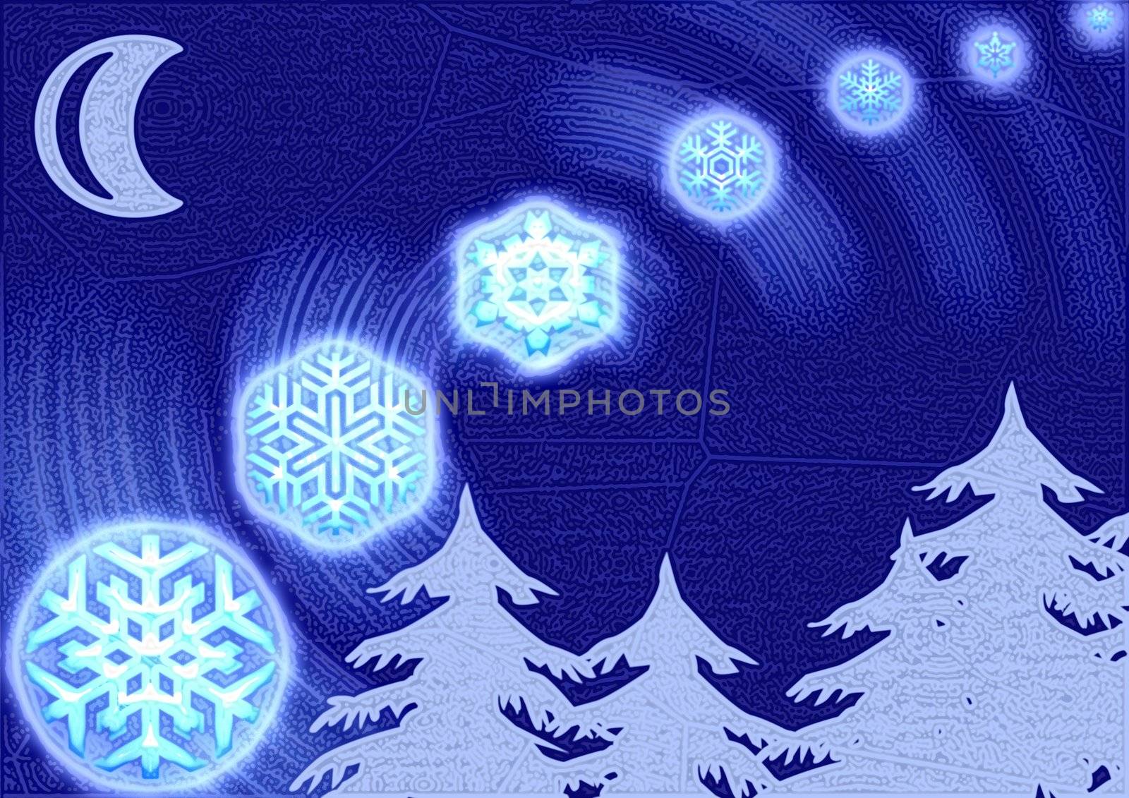 great creative abstract rich textured image moon nights in the forest and the Snowflakes.