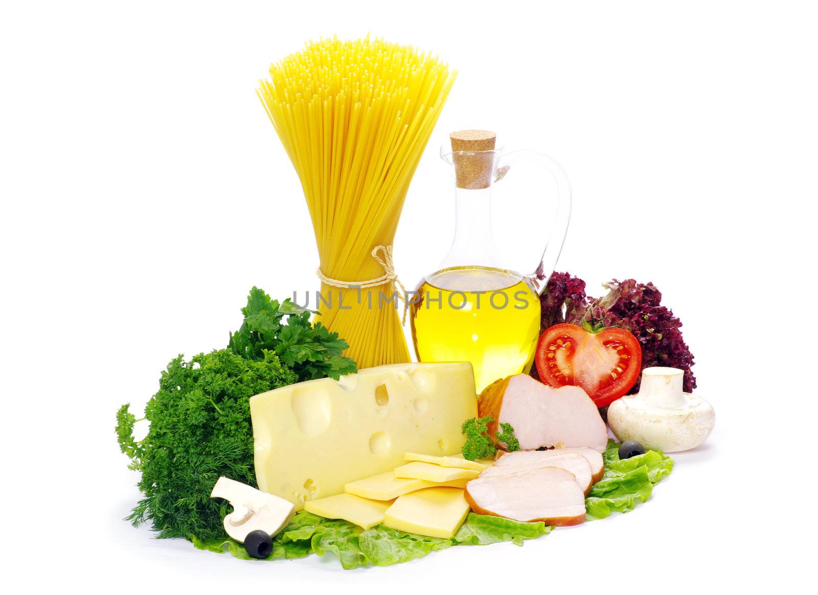 Ingredients for cooking italian pasta over white