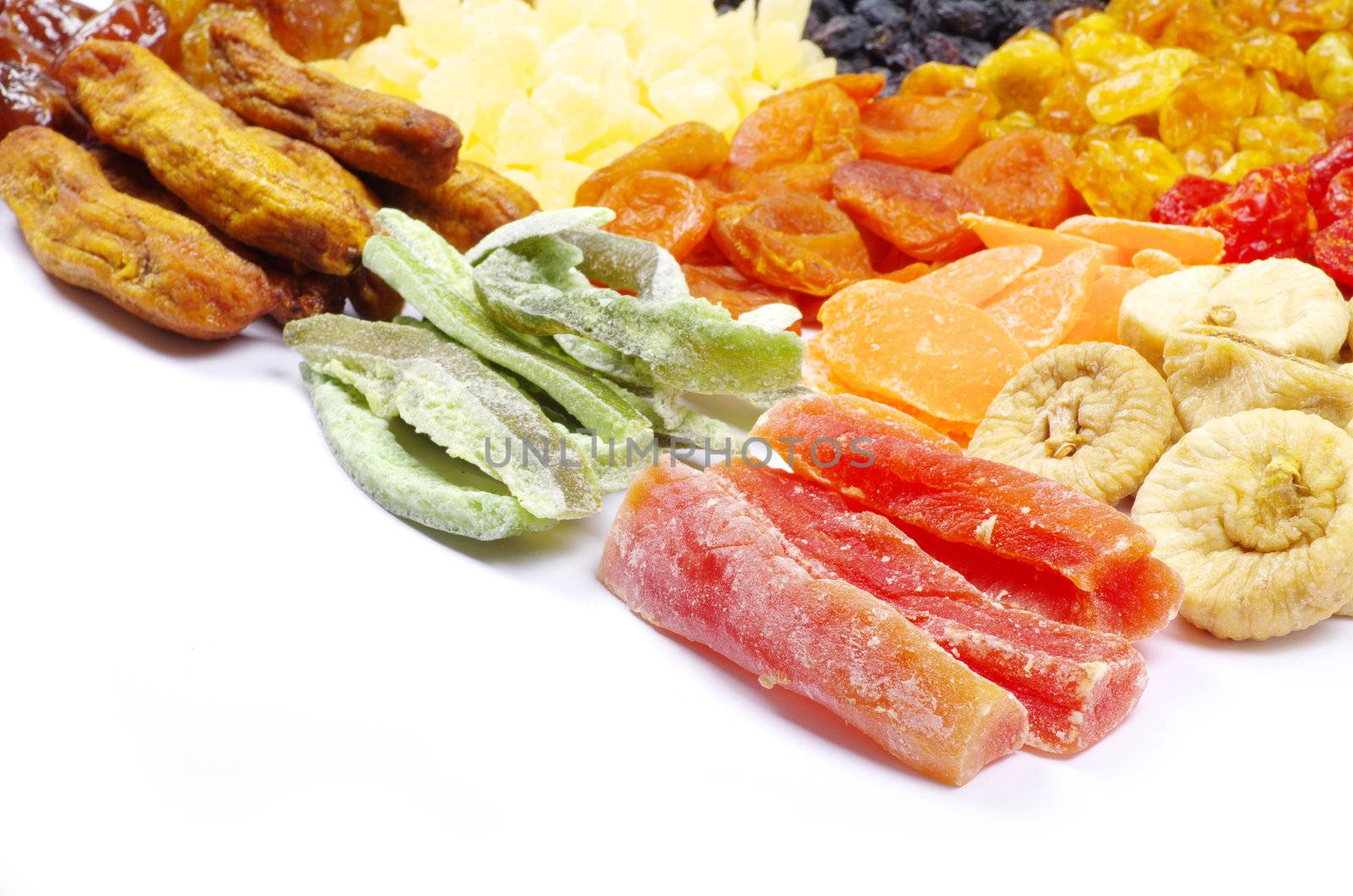 assorted dried fruits isolated on white