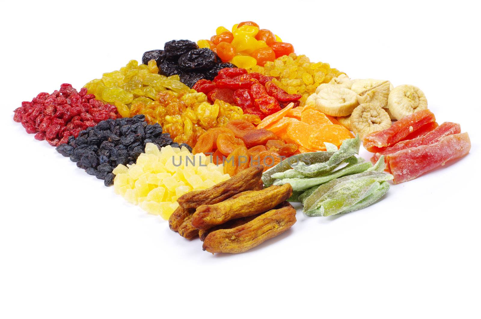assorted dried fruits isolated on white