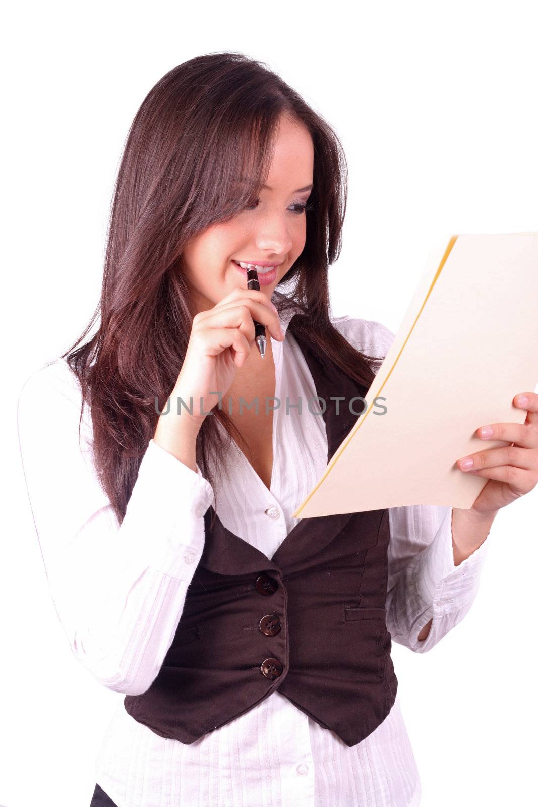 Sexy business woman holding file folder, full length portrait isolated over white.