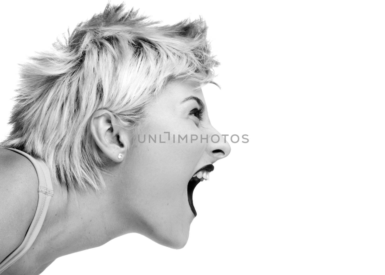 Isolated image of a blonde punk girl shouting at a microphone