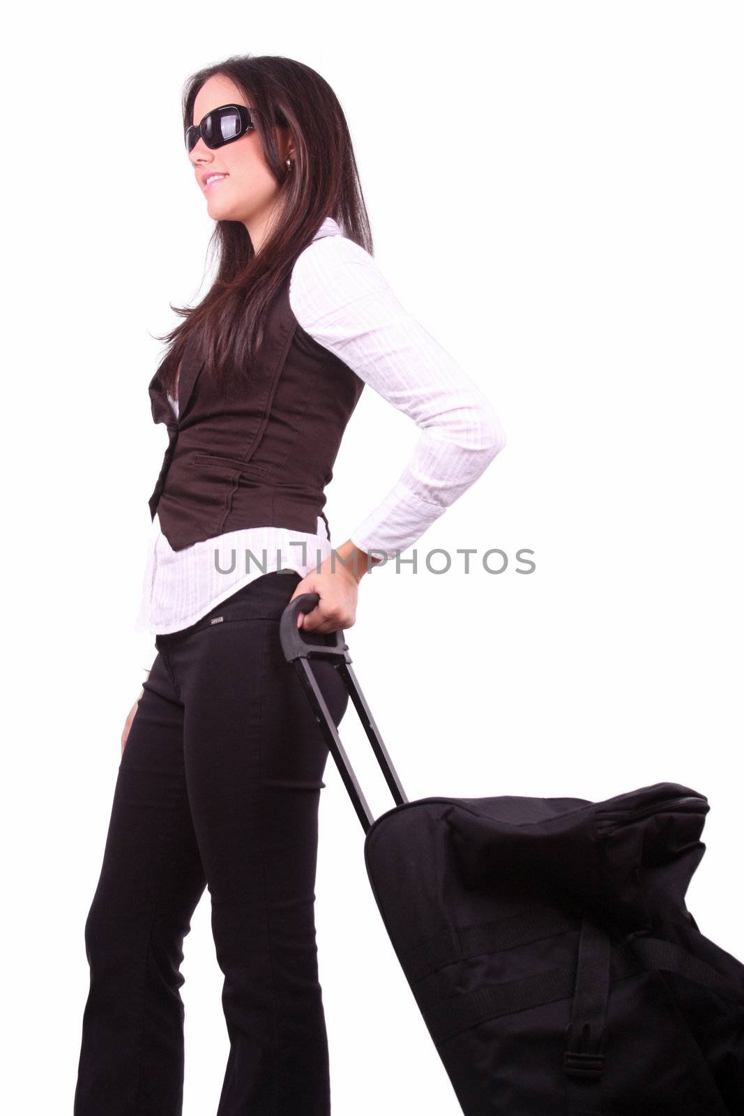 American business woman traveling with suitcase