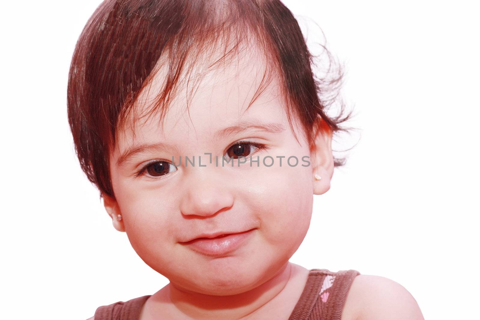little child baby smiling closeup portrait on white background by dacasdo