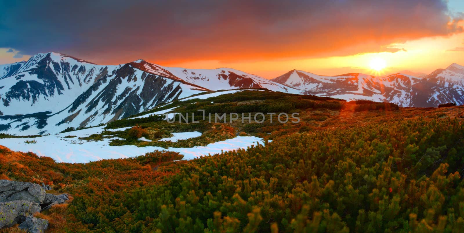 Colorful spring evening in the mountains