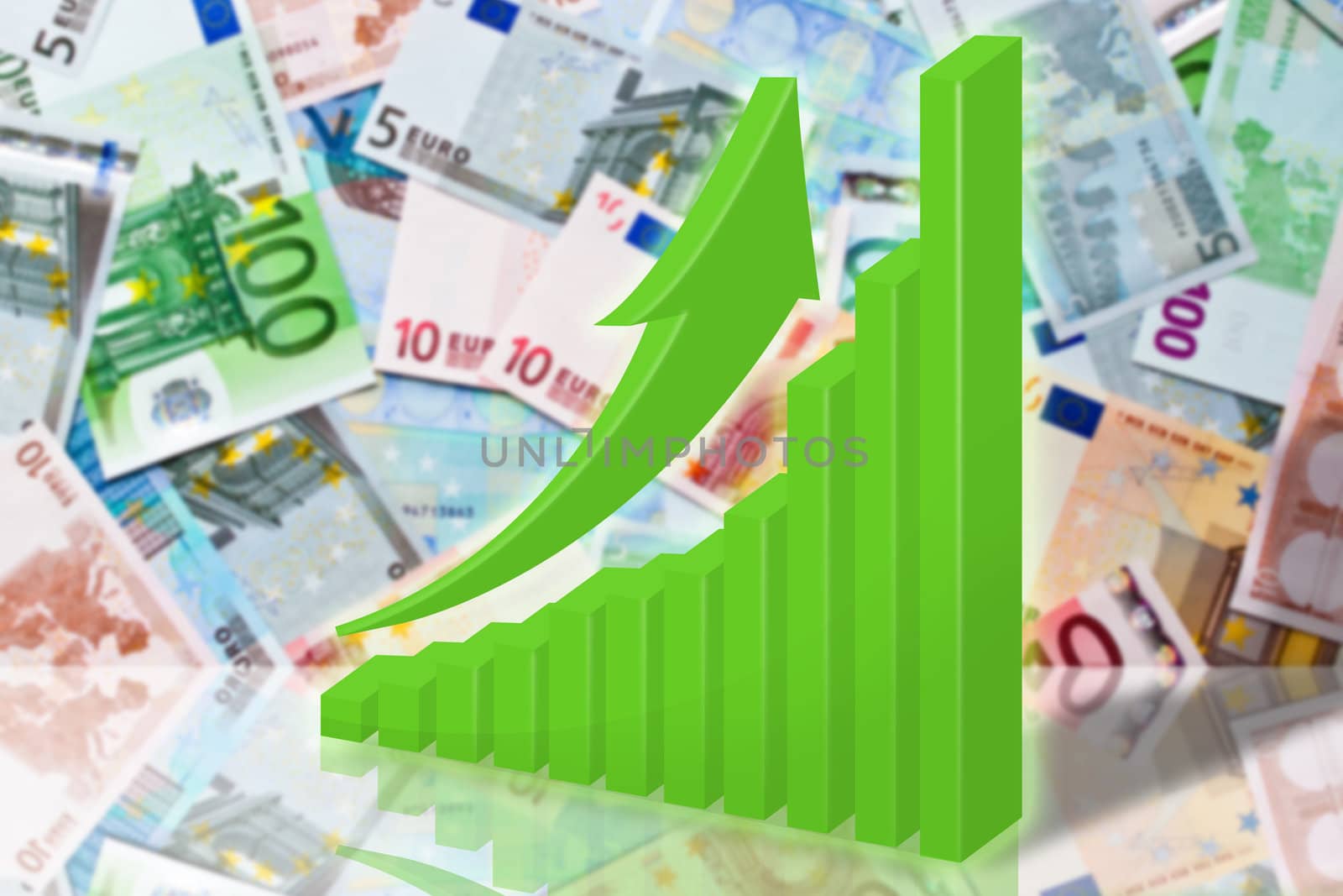 illustration, green graph and arrow on background euro