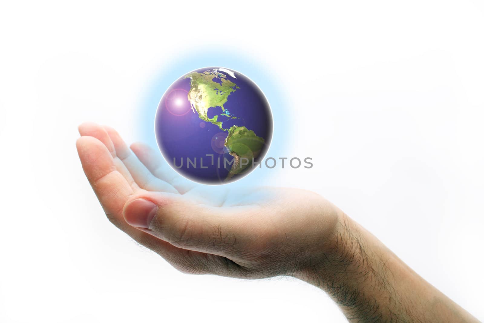 blue globe in hand of the person on white background