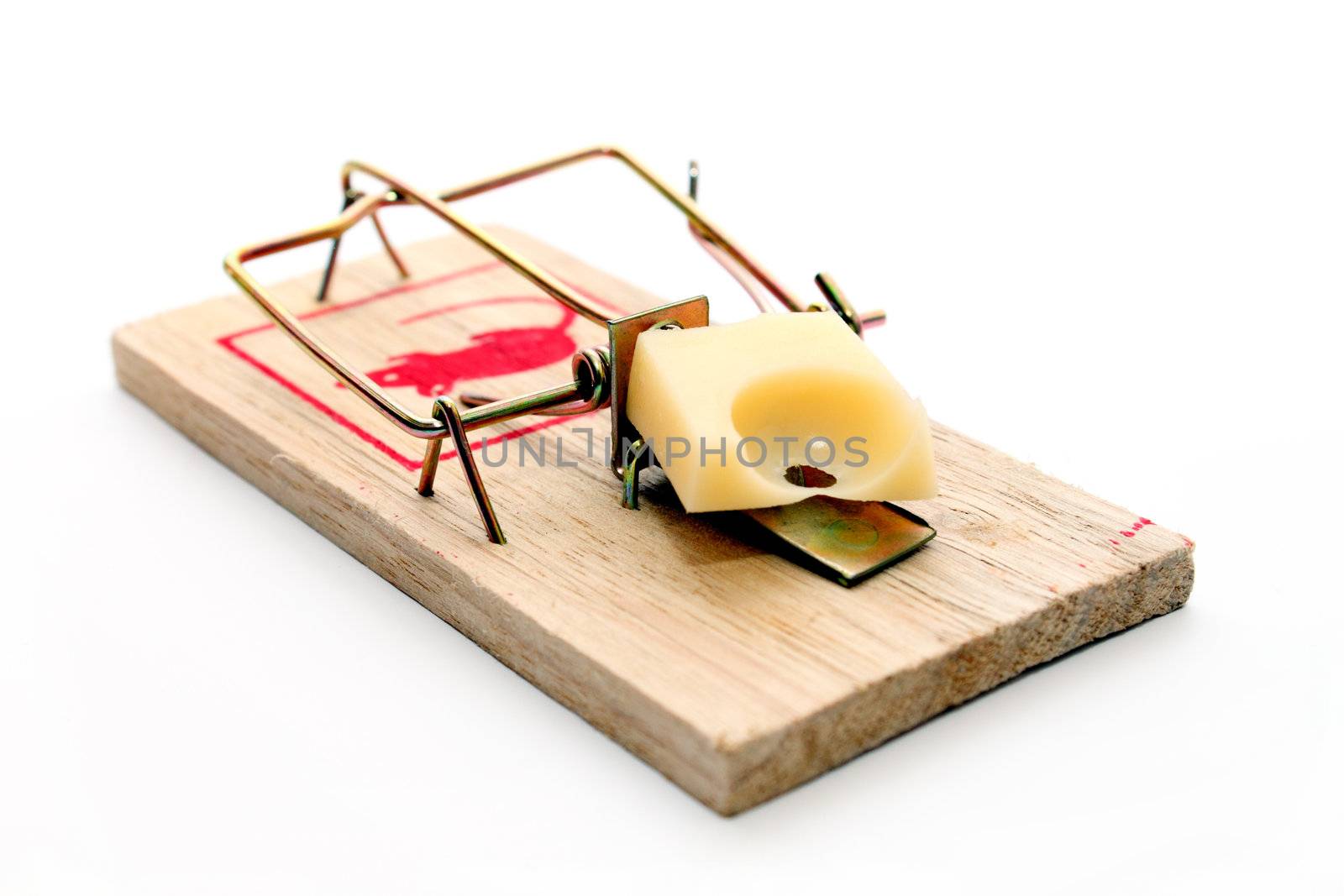 wooden mousetrap with cheese on white background