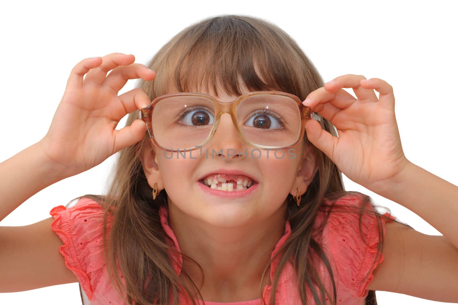 Amazing little girl in funny glasses isolated on white backgroun by andrew_mayovskyy