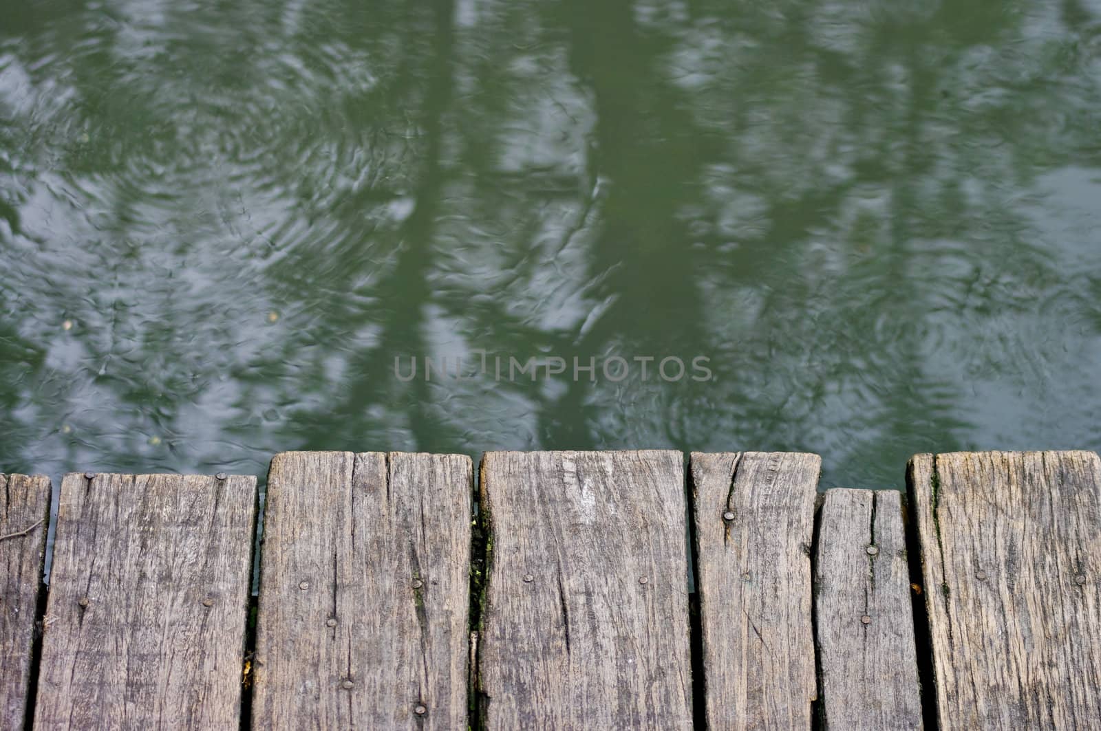 Wooden bridge at waterfront with wave of water background