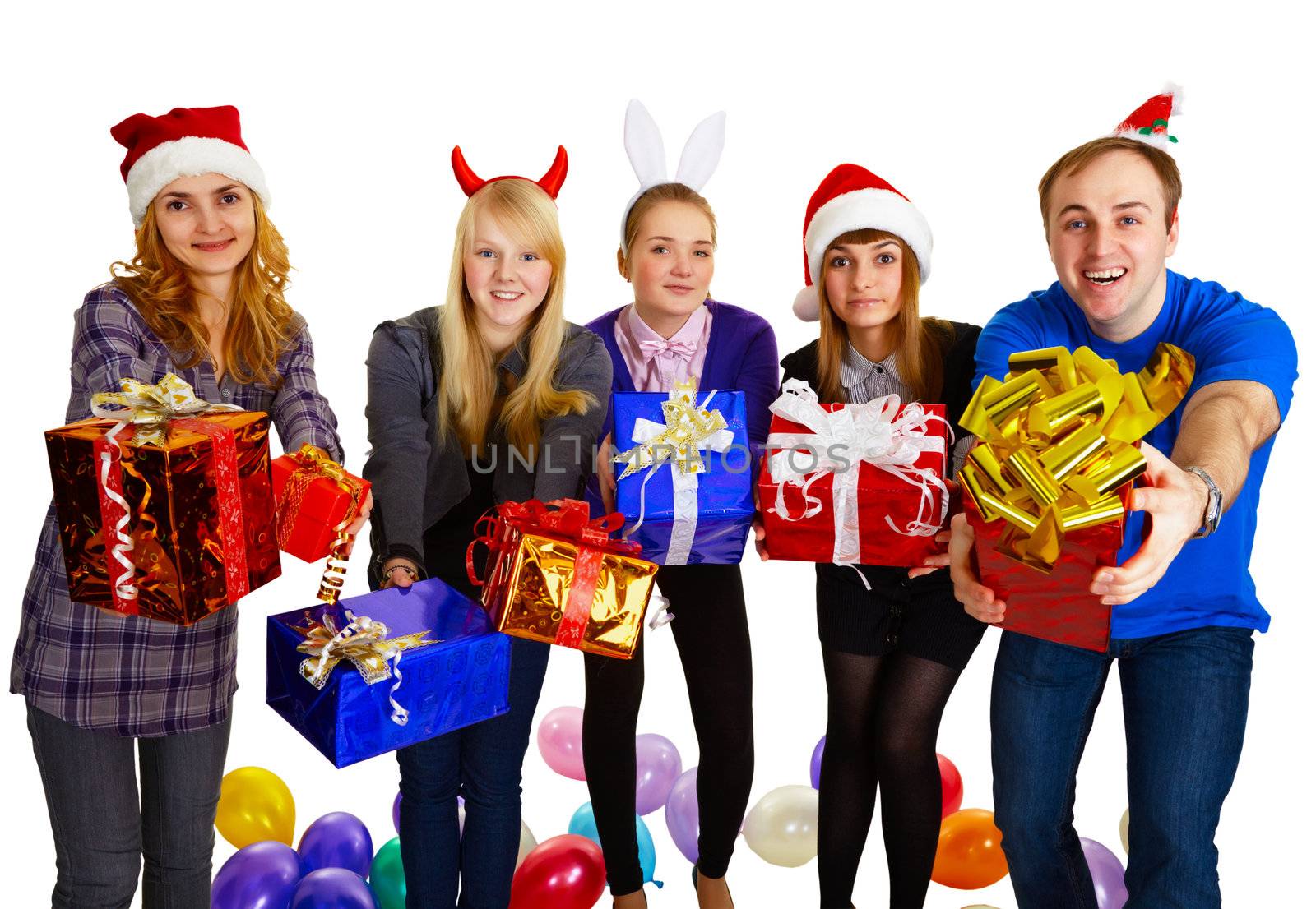 Friends give gifts on New Year's isolated on white