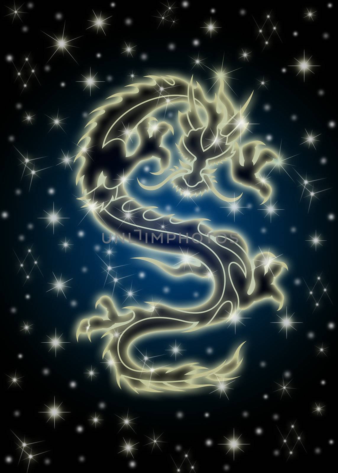 Zodiac Chinese Dragon Flying in the Celestial Starry Night Sky Illustration