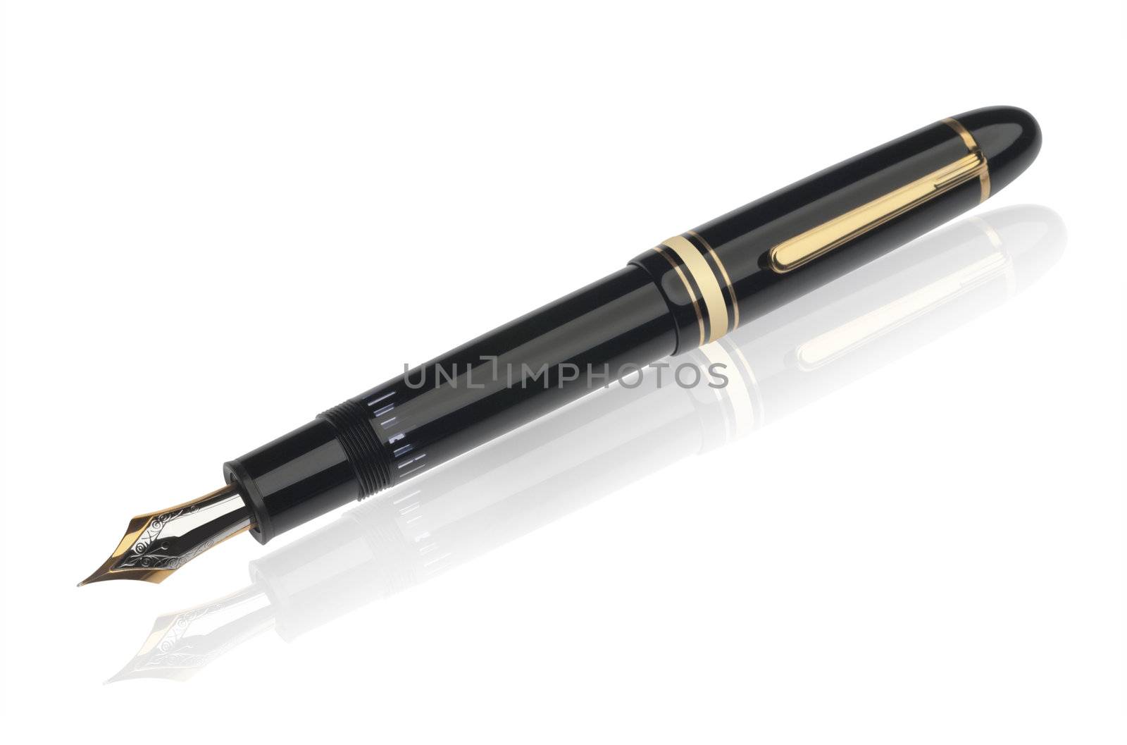 open german fountain pen on reflective surface, isolated with clipping path