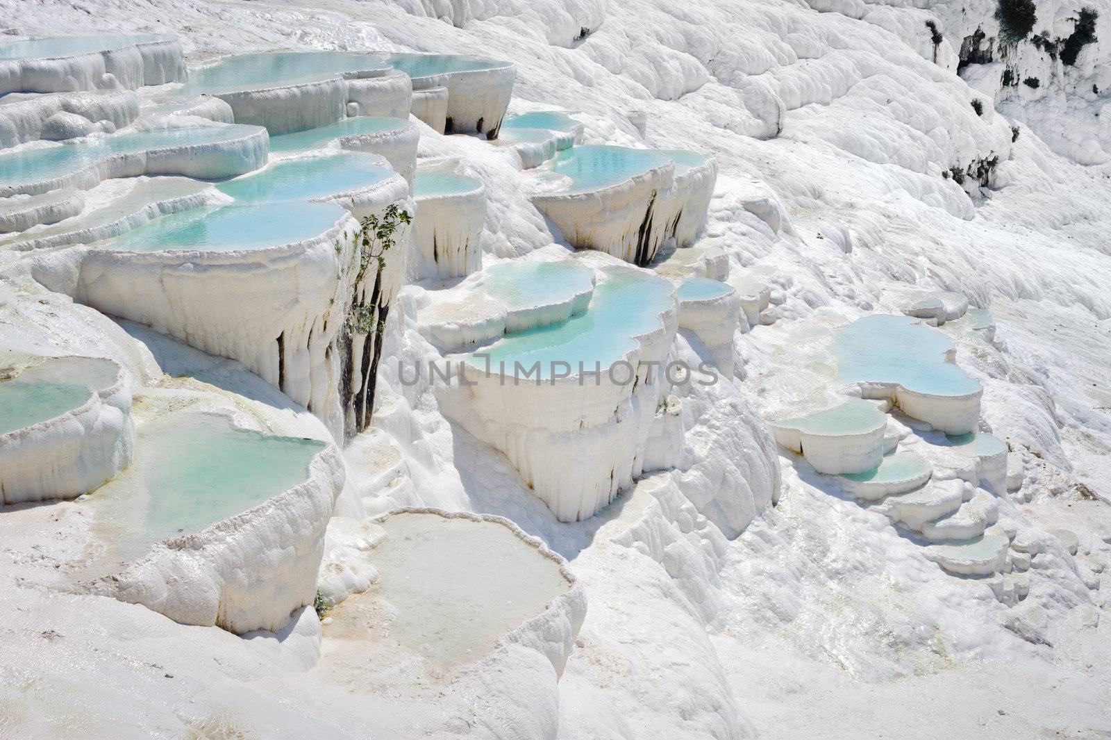 Blue water travertine pools at Pamukkale, Turkey  by starush