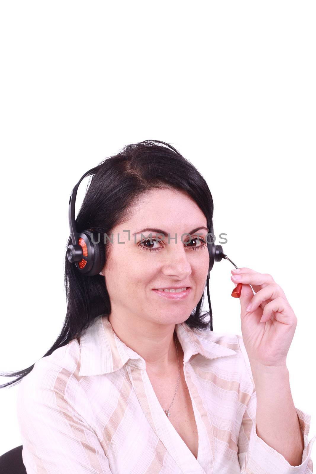 Headset. Customer service operator woman with headset smiling lo by dacasdo