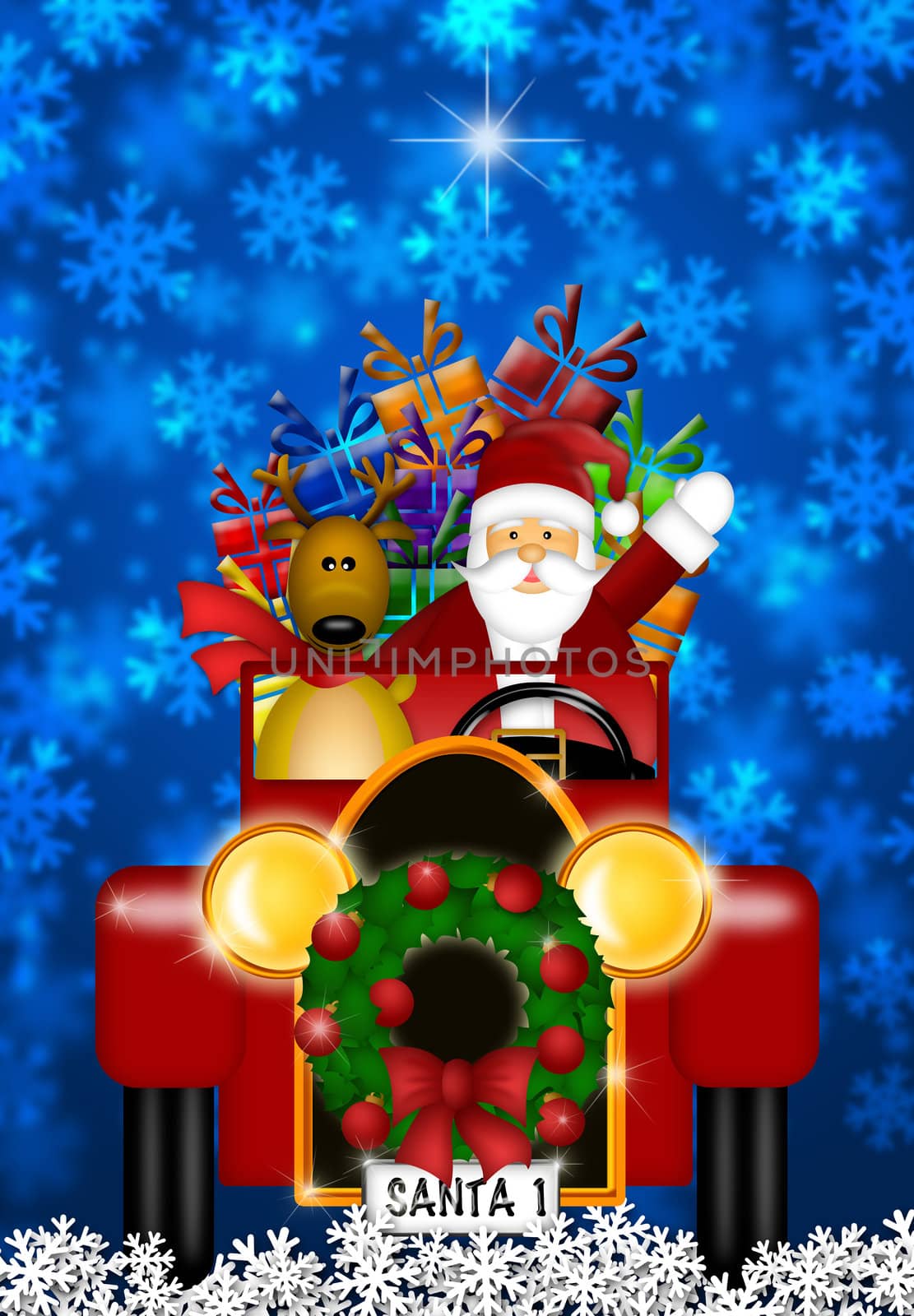 Santa Claus and Reindeer in Winter Snow Scene Driving in Vintage Red Car Illustration