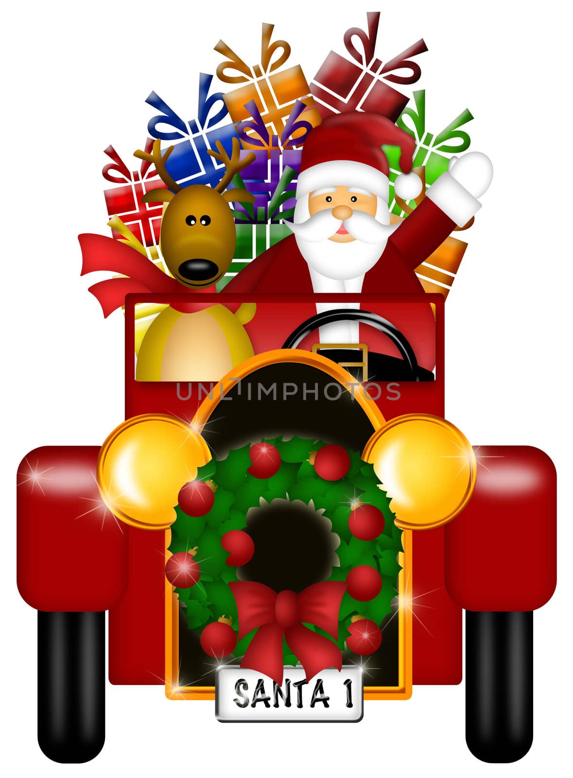 Santa Claus and Reindeer in Winter Snow Scene Driving in Vintage Red Car Isolated on White Background Illustration