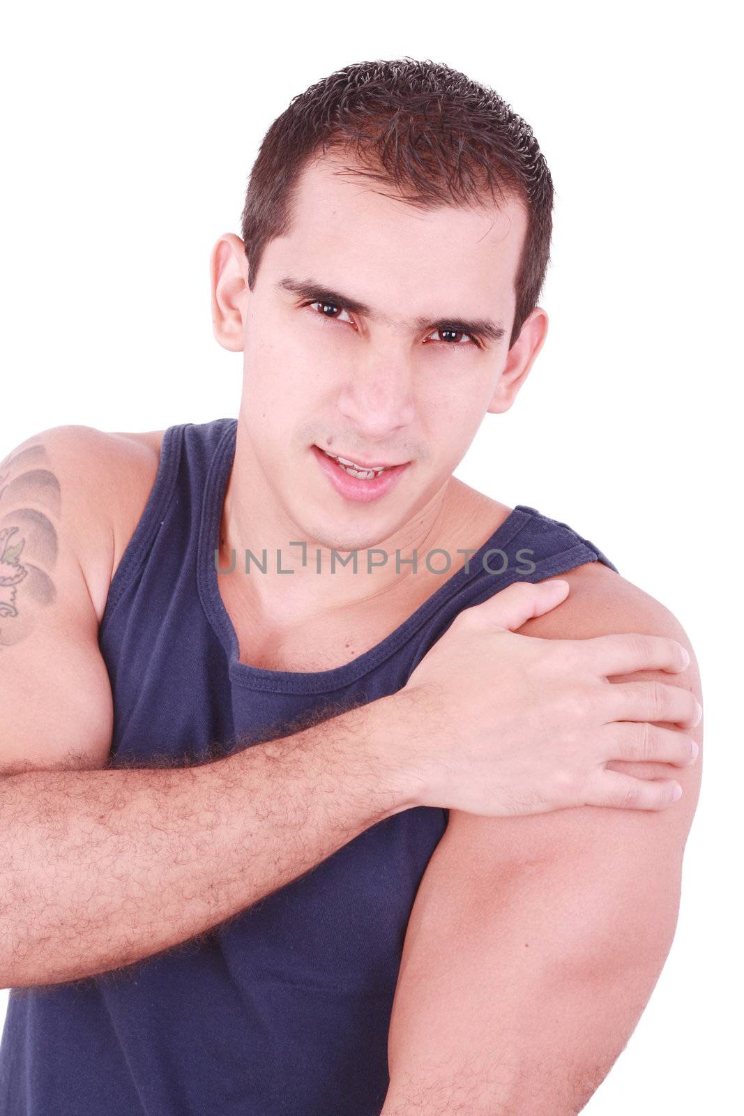 young caucasian bodybuilder having a shoulder pain by dacasdo